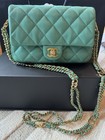 Chanel Mini Flap Bag Green Quilted Chain Strap Cc Turn Lock Gold Hardware 2023