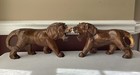 Pair Of Vtg Wooden Carved Lion Sculptures   11 1 2  L X 6 1 8  T X 3 3 8  W