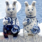 Bunny Rabbit Hare With Donates Sitting Gzhel Porcelain Figurine Hand-painted