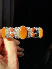 Vintage Sterling Silver Jasper Native American Signed Mrf Cuff Bracelet