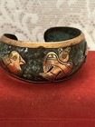 Vintage Copper   Enamel Story Cuff Bracelet With Birds safety Clasp