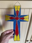 Vintage Stained Glass Sun Catcher Cross Yellow Red   Blue Jesus Christian 1990s
