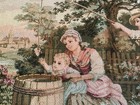 Woven French Pictorial Tapestry Babies First Fishing Trip Vtg 20in