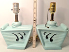 Set Of 2  Vintage 1950s  Mcm Turquoise Speckled Art Deco Ceramic Table Lamps