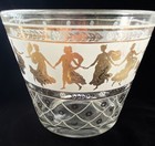 Vintage Mid Century Glass Ice Bucket With Gold Grecian Figures   Lattice Design