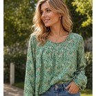 Women Floral Long Sleeve Top Sage Green Scoop Neck Pleated Tunic Blouse Casual M