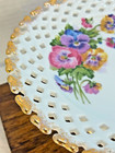 Vtg Reticulated Pedestal Plate     Gold Trim     Pansy     Floral Compote Royal Sealy 