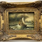 Antique Seascape Oil Painting  sailing Boat  Original Small Art