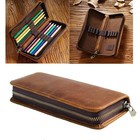 Genuine Leather Pencil Case Organizer Storage Stationery Pouch Zipper Pen Bag