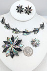 Vintage Mexico Sterling Silver Abalone Jewelry Set Bracelet Brooch Earrings
