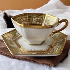 Antique Nippon Rg Hand Painted Gold   Green Cup   Saucer Set     Hexagonal Porcela