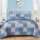 Blue Boho Plaid Floral Quilt Queen king Set 3-pcs Reversible All-season Coverlet
