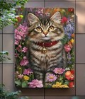 Vintage Tabby Kitten In Flower Garden Tin Sign 8x12 Retro Metal Wall Art Decor 