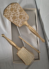 Vintage 3 Piece Vanity Set Gold Metal Handles Fabric Inlay W gold Floral Brocade