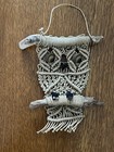 Vintage Small Tan Macrame Owl W Ceramic Eyes Nose Perched On Drift Wood Boho Hip