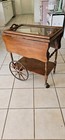 Antique Tea Cart Rolling Wooden Glass Tray