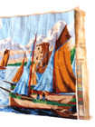 Vintage Needlework Tapestry Boats Medieval Towers River Landscape