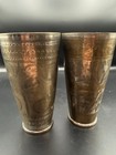 Antique Tinned Brass Cups Pair Indo Persian Hand Engraved Metal Vintage Lassy