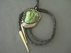 Native American Green Carved Turquoise Sterling Silver Bolo Tie Gold Wash Tips