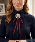 Handmade Crystal Flower Bow Brooch - Navy   Red Grosgrain Ribbon With Black Lace
