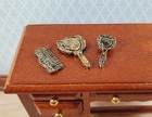 Dollhouse Comb Brush Hand Mirror Vanity Set Antique Gold Metal 1 12 Scale