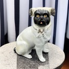 Antique Porcelain Pug Dog Figurine 7 5  Tall Hand Painted Victorian Era Gold Bow