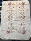 Vtg Antique Tablecloth Tiny Embroidered Roses Scrolls Lace Accents Unused 64x46