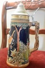 Vintage 1950   s German Lidded Beer Stein Mug   Depicting Bavarian Folk Musicians