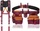 Leather Tool Belt With Suspenders Carpenter 19 Pocket Padded Tool Pouch Work Bag