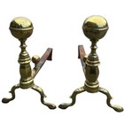 Antique Pair American Chippendale Style Brass   Iron Ball-top Fireplace Andirons