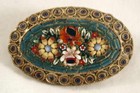 Vintage Micro Mosaic Decorated Large Oval Golden Pin Brooch Made In Italy