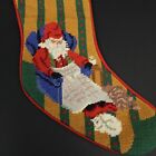 Vintage Needlepoint Santa Christmas Stocking Napping Dog Cat Moon Stripes