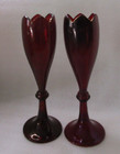 Antique Pr Bohemian Ruby Flashed Seeded Glass Mantle Vases W Cut Upper Rim 