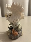 Vintage Snowy Owl Figurine Wings Spread With Mouse 4    Resin Sculpture White Owl