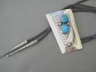 Native American Navajo Rich Blue Web Turquoise Sterlin Silver stamps Bolo Tie 3 