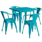 31 5   Square Teal Metal Restaurant Table Set With 4 Armchairs For Outdoor Use