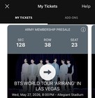 Bts World Tour  arirang  Allegiant Stadium Sec 128 Row 38 May 27 8pm