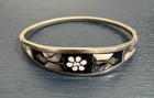 Vintage Alpaca Mexico Silver Hinged Cuff Bangle Abalone Bracelet