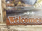 Our Cabin Welcomes All Bass Cottage Metal Tin Sign Rustic Fishing Fish Cottage