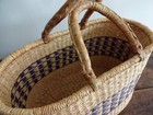 African Ghana Lg Hand Woven Straw Market Basket Leather Handles