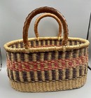 African Bolga Market Basket Hand Woven Ghana Tote Leather Handle Purple Pink