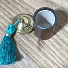 Rare Htf Vintage Brass Wood Thimble Holder W  Green Tassel And Suede Lining