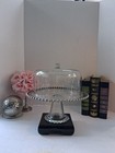 Vtg  Glass Cake Plate W silver Beaded Edge  Glass Cloch   Cover  