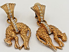 Vintage Gold Tone Rhinestone Panther Leopard Drop Clip On Earrings Unsigned