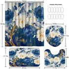 4 Pcs Blue Shower Curtain Set Flower Bathroom Rugs Waterproof Hooks Decor