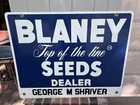 Vtg Blaney Seed Corn Dealer Metal Sign Advertising Farm Shriver Double Sided