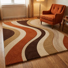 Mid Century Modern Wool Rug Retro 70s Wavy Abstract Area Carpet Handmade