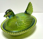 Vintage  Indiana Green Iridescent Hen On Nest Carnival Glass Covered Candy Dish