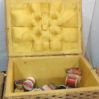 Vtg Wicker Sewing Basket W  Handle  Blue tan Fabric Lid  Yellow Lined Interior