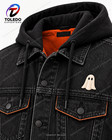 Black Hooded Ghost Denim Jacket With Orange Lining And Halloween Embroidery